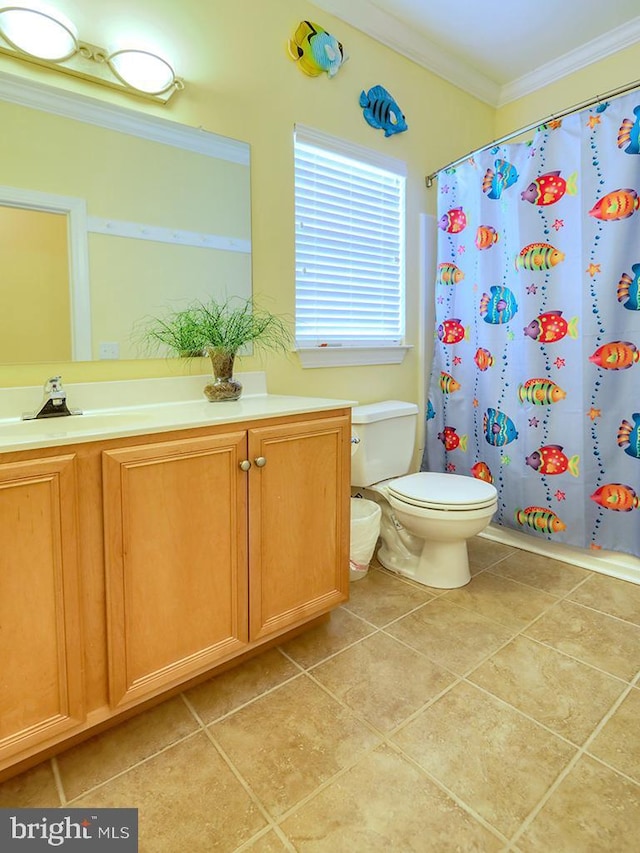 full bathroom featuring crown molding, toilet, tile patterned flooring, and vanity
