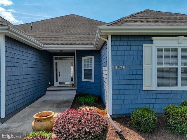 doorway to property with roof with shingles