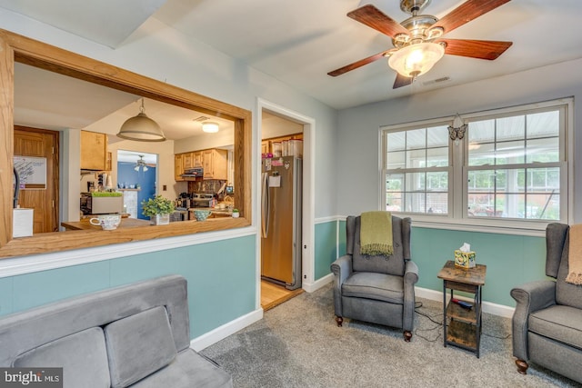 33 Miracle Dr, Williamstown, NJ 08094 - living area featuring a ceiling fan, light carpet, and baseboards