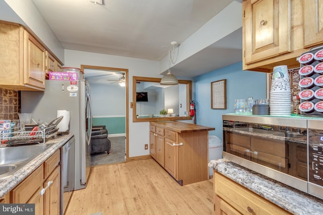 33 Miracle Dr, Williamstown, NJ 08094 - kitchen with light wood finished floors, a ceiling fan, backsplash, decorative light fixtures, and a sink