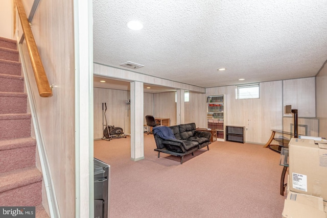 33 Miracle Dr, Williamstown, NJ 08094 - living area featuring carpet, a textured ceiling, stairway, and recessed lighting