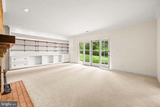 unfurnished living room featuring crown molding, light carpet, baseboards, and recessed lighting