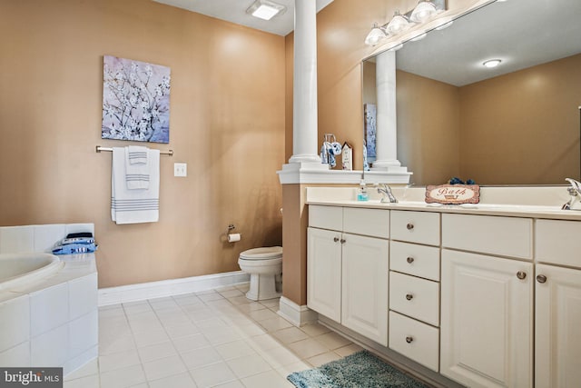 full bathroom featuring toilet, baseboards, decorative columns, tile patterned flooring, and double vanity