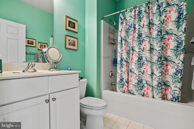 full bathroom with toilet, shower / tub combo, tile patterned flooring, and vanity
