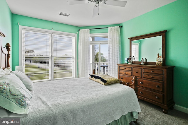 bedroom with carpet, a ceiling fan, visible vents, baseboards, and access to outside
