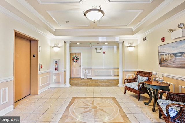 interior space featuring elevator, a decorative wall, light tile patterned flooring, and ornate columns