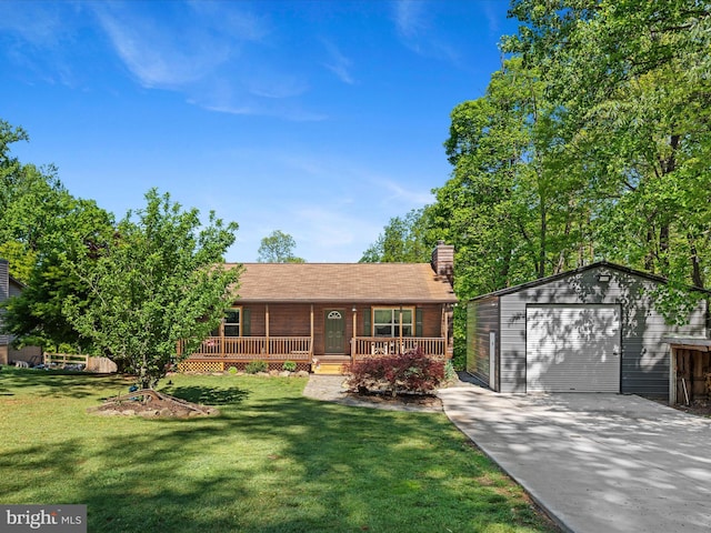 view of front of house with an outdoor structure, covered porch, concrete driveway, a front lawn, and a detached garage