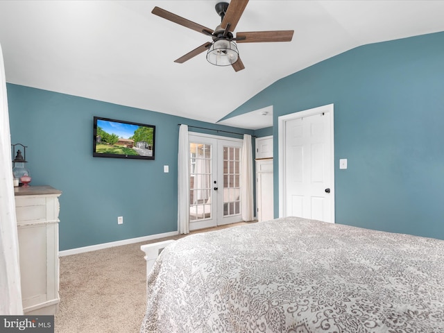 bedroom featuring vaulted ceiling, french doors, carpet, access to exterior, and a ceiling fan