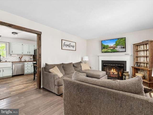 living area featuring wood finished floors and a warm lit fireplace