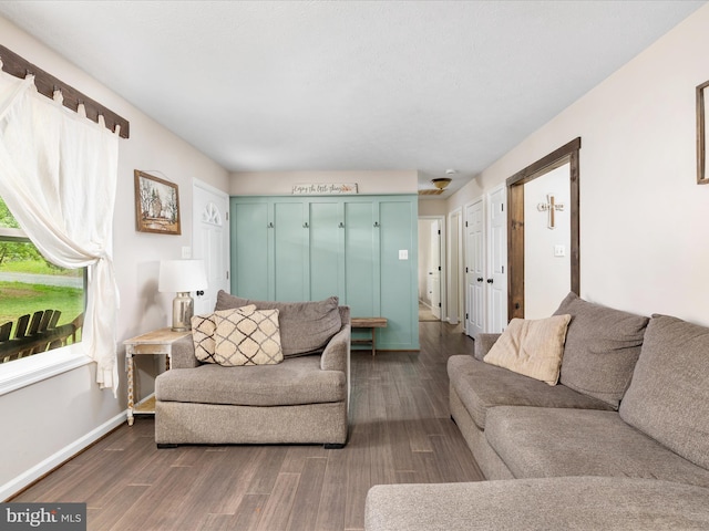 living area featuring dark wood finished floors and baseboards
