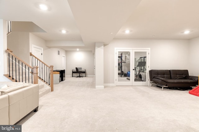 7679 Cross Creek Dr, Columbia, MD 21044 - living room featuring light colored carpet, recessed lighting, stairway, french doors, and baseboards