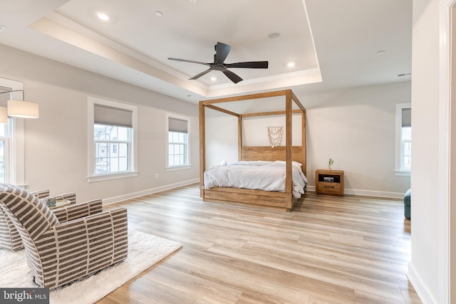 7679 Cross Creek Dr, Columbia, MD 21044 - bedroom featuring a tray ceiling, ornamental molding, light wood finished floors, baseboards, and recessed lighting