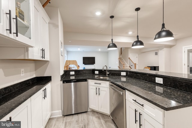 7679 Cross Creek Dr, Columbia, MD 21044 - kitchen featuring dishwasher, a sink, white cabinetry, hanging light fixtures, and recessed lighting