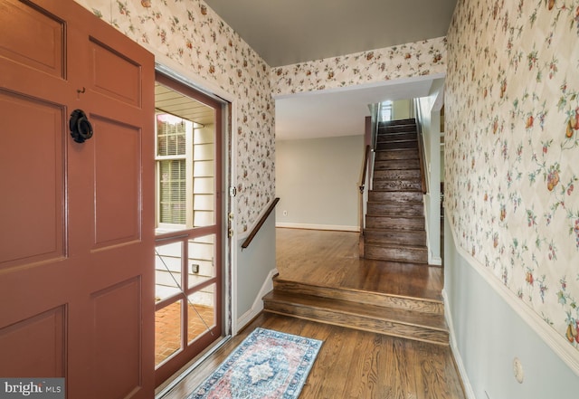 1149 Ollerton Rd, West Deptford, NJ 08066 - entrance foyer with wallpapered walls, wood finished floors, baseboards, stairs, and healthy amount of natural light