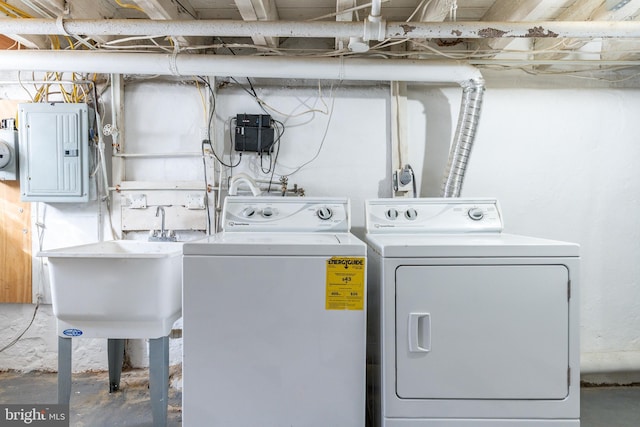 1545 S 19th St, Philadelphia, PA 19146 - washroom featuring washing machine and clothes dryer, a sink, laundry area, and electric panel