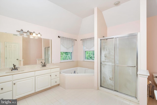 21 Jimarie Ct, Hamilton, NJ 08620 - full bath featuring a stall shower, a bath, tile patterned floors, double vanity, and vaulted ceiling
