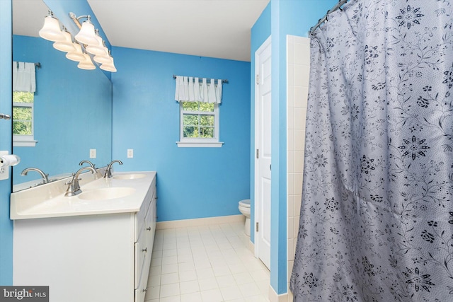 21 Jimarie Ct, Hamilton, NJ 08620 - bathroom featuring toilet, tile patterned floors, double vanity, baseboards, and a shower with shower curtain
