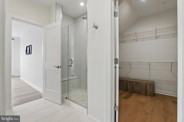4140 Legato Rd Unit 47, Fairfax, VA 22033 - full bathroom with a shower stall, wood finished floors, a spacious closet, and recessed lighting
