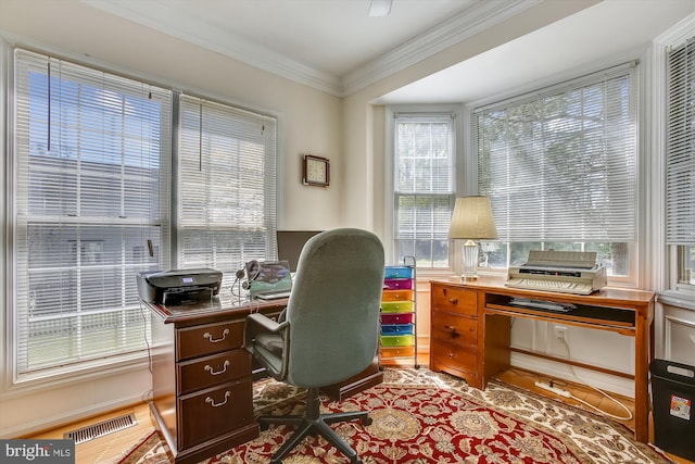 office area with ornamental molding