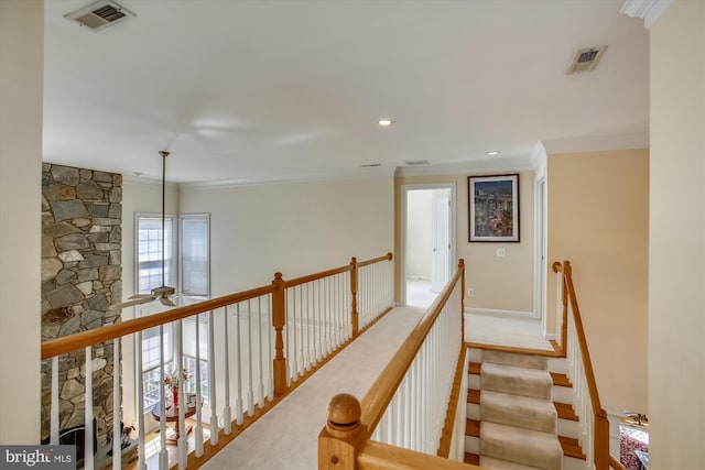 corridor featuring crown molding, an upstairs landing, recessed lighting, and baseboards