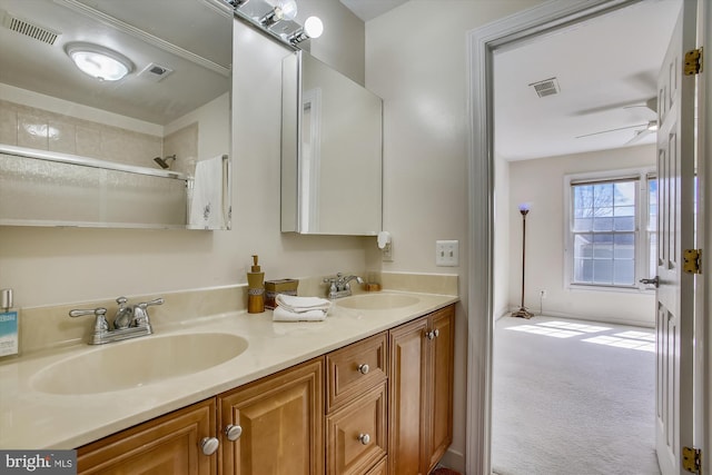 bathroom featuring double vanity and a shower