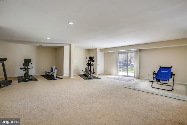workout area with carpet, recessed lighting, and baseboards