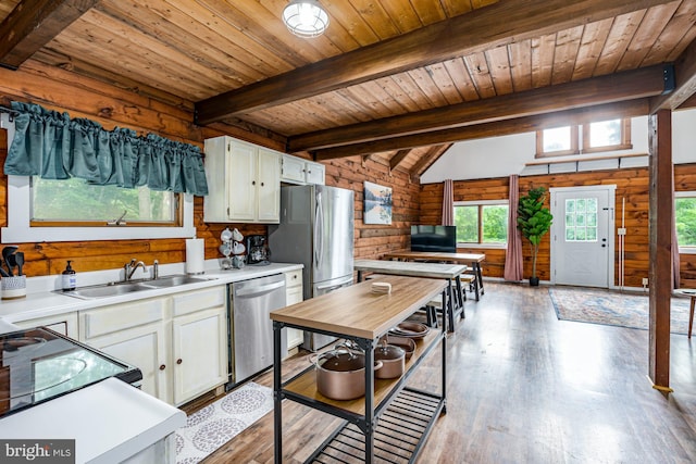 1276 Birch Grove Ln, Berkeley Springs, WV 25411 - kitchen featuring a sink, wood ceiling, appliances with stainless steel finishes, white cabinets, and light countertops