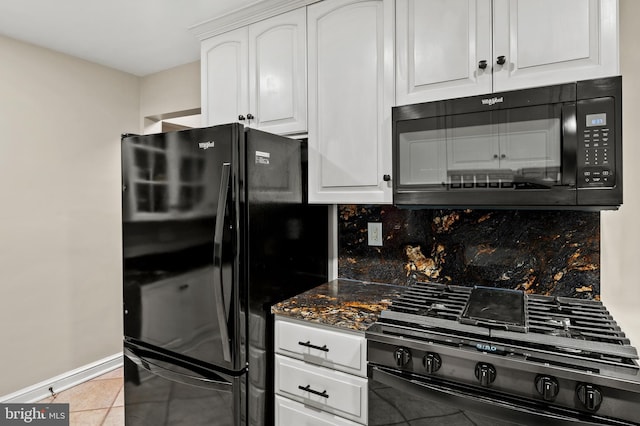 12904 Two Farm Dr, Silver Spring, MD 20904 - kitchen with black appliances, decorative backsplash, white cabinets, light tile patterned floors, and dark stone countertops