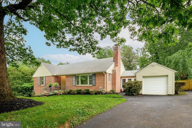 12904 Two Farm Dr, Silver Spring, MD 20904 - ranch-style home featuring brick siding, asphalt driveway, a garage, a chimney, and a shingled roof