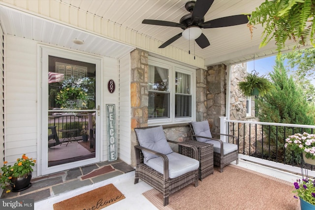 607 Jays Ln, Pottstown, PA 19464 - property entrance with a porch, stone siding, and ceiling fan