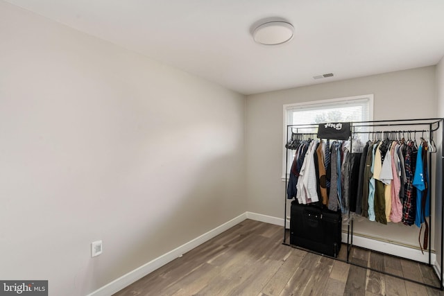 walk in closet with wood finished floors and a baseboard radiator