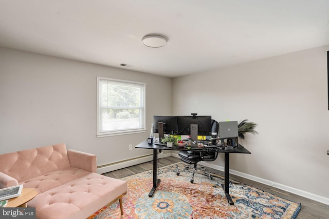 office featuring baseboard heating, wood finished floors, and baseboards