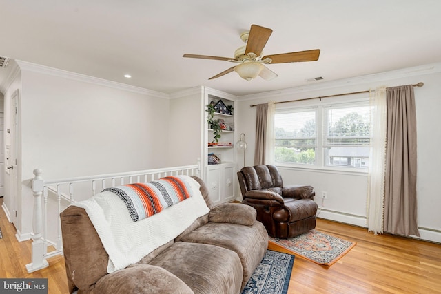 living room featuring crown molding, wood finished floors, a baseboard radiator, a ceiling fan, and recessed lighting