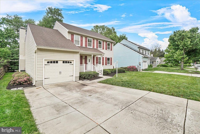 6121 Ducketts Ln, Elkridge, MD 21075 - colonial home featuring an attached garage, a front lawn, concrete driveway, a chimney, and a porch