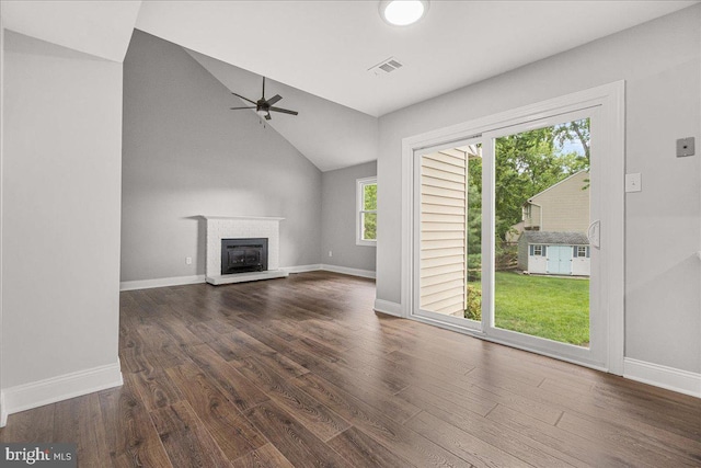 6121 Ducketts Ln, Elkridge, MD 21075 - unfurnished living room featuring ceiling fan, dark wood-style floors, lofted ceiling, and baseboards