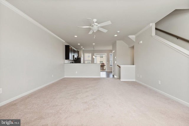 105 Poinsettia Way, Stephenson, VA 22656 - unfurnished living room featuring a ceiling fan, ornamental molding, recessed lighting, baseboards, and light colored carpet