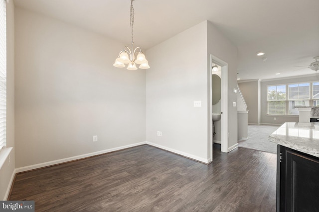 105 Poinsettia Way, Stephenson, VA 22656 - unfurnished dining area featuring dark wood-style floors, ceiling fan, a chandelier, recessed lighting, and baseboards