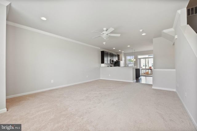 105 Poinsettia Way, Stephenson, VA 22656 - unfurnished living room featuring light colored carpet, a ceiling fan, recessed lighting, baseboards, and crown molding