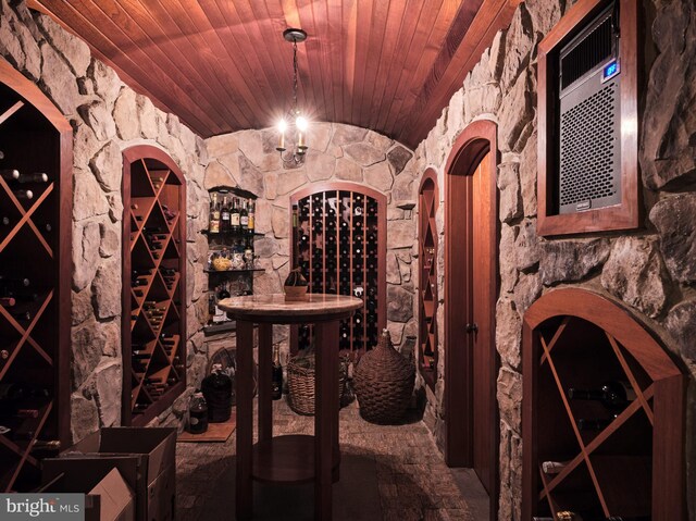 wine cellar with vaulted ceiling and wooden ceiling