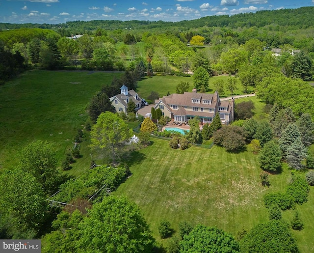 view of subject property with a forest and a pool