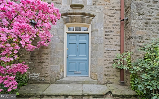 entrance to property featuring stone siding