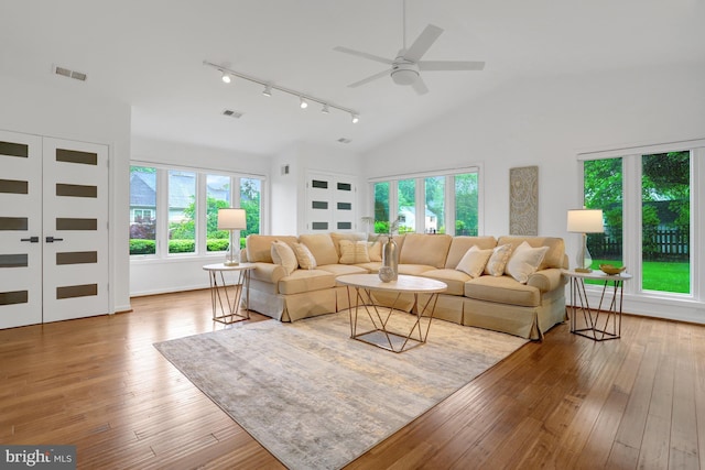 5018 36th St N, Arlington, VA 22207 - living area featuring plenty of natural light, rail lighting, hardwood / wood-style floors, and lofted ceiling