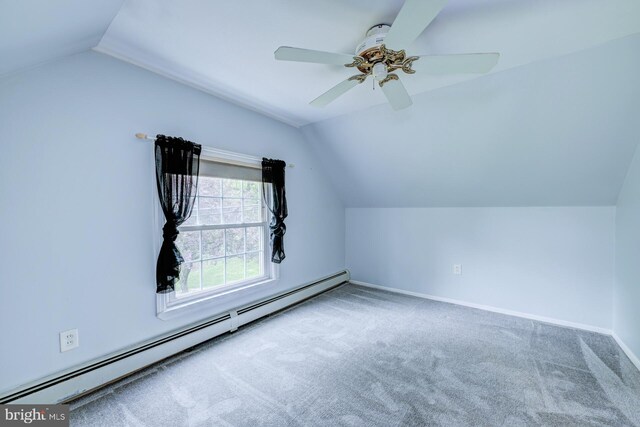 107 Juniper Dr, Levittown, PA 19056 - bonus room featuring lofted ceiling, baseboard heating, ceiling fan, and carpet