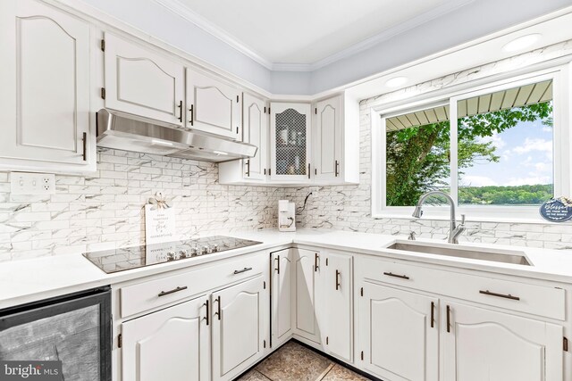 2031 Indian Cir, Saint Leonard, MD 20685 - kitchen featuring a sink, black electric stovetop, wine cooler, under cabinet range hood, and crown molding