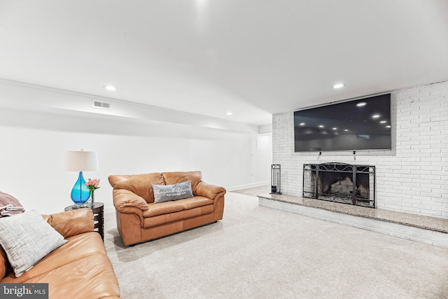2031 Indian Cir, Saint Leonard, MD 20685 - living area with recessed lighting, a brick fireplace, visible vents, and carpet