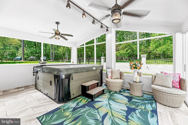 2031 Indian Cir, Saint Leonard, MD 20685 - sunroom / solarium with rail lighting, a hot tub, and a ceiling fan