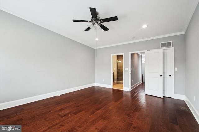 unfurnished bedroom featuring baseboards, crown molding, hardwood / wood-style floors, connected bathroom, and recessed lighting