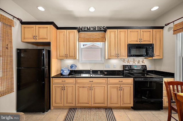 22 Flounder Ln, Ocean City, MD 21842 - kitchen featuring a sink, dark countertops, black appliances, and light tile patterned floors