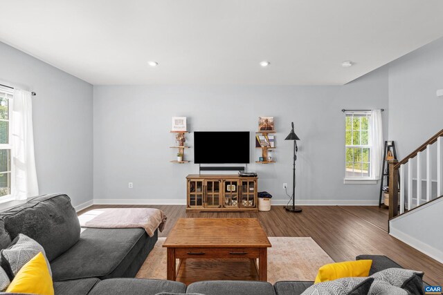 4286 Sunset Dr, Charlottesville, VA 22911 - living area featuring stairs, wood finished floors, baseboards, and recessed lighting