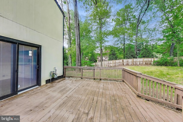 wooden terrace featuring a fenced backyard and view of wooded area